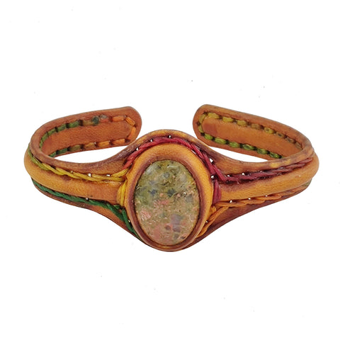 Handcrafted Genuine Yellow Leather Bracelet with Flower Green Stone Setting-Life Style Unisex Gift Fashion Jewelry Bangle Cuff Wristband