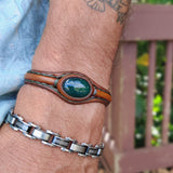 Unique Handcrafted Genuine Brown Leather Bracelet with Green Agate Stone-Unisex Gift Fashion Jewelry with Naturel Stone Cuff