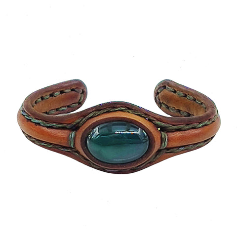 Unique Handcrafted Genuine Brown Leather Bracelet with Green Agate Stone-Unisex Gift Fashion Jewelry with Naturel Stone Cuff
