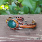Unique Handcrafted Genuine Brown Leather Bracelet with Green Agate Stone-Unisex Gift Fashion Jewelry with Naturel Stone Cuff