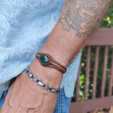 Unique Handcrafted Genuine Brown Leather Bracelet with Green Agate Stone-Unisex Gift Fashion Jewelry with Naturel Stone Cuff
