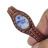 Unique Handcrafted Genuine Brown Leather Bracelet with Blue Spot Jasper Stone-Unisex Gift Fashion Jewelry with Naturel Stone Cuff