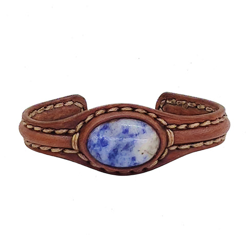 Unique Handcrafted Genuine Brown Leather Bracelet with Blue Spot Jasper Stone-Unisex Gift Fashion Jewelry with Naturel Stone Cuff