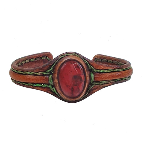 Unique Handcrafted Genuine Vegetal Brown Leather Bracelet with Red Tiger Eye Stone-Unisex Gift Fashion Jewelry Natural Stone Cuff