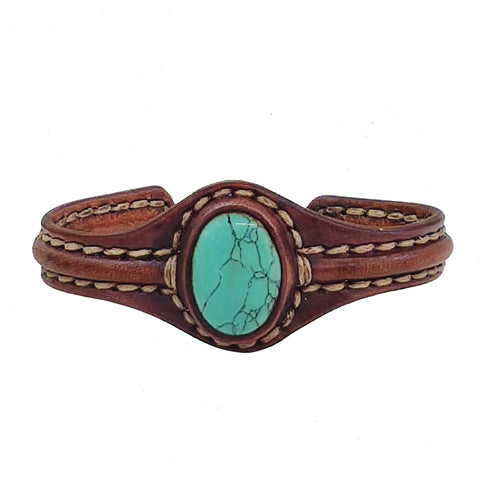 Handcrafted Genuine Brown Vegetal Leather Bracelet with Firuze Stone-Unisex Gift Fashion Jewelry Natural Stone Cuff Wristband