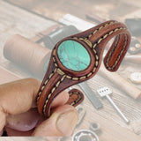 Handcrafted Genuine Brown Vegetal Leather Bracelet with Firuze Stone-Unisex Gift Fashion Jewelry Natural Stone Cuff Wristband