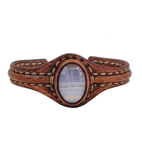 Boho Handcrafted Genuine Brown Leather Bracelet with White Agate Stone Setting-Life Style Unisex Gift Fashion Jewelry Bangle-Cuff-Handwrist