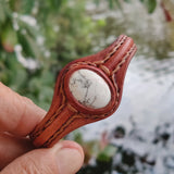 Unique Handcrafted Genuine Brown Leather Bracelet with White Agate Stone-Life Style Unisex Gift Fashion Jewelry Bangle-Cuff-Handwrist