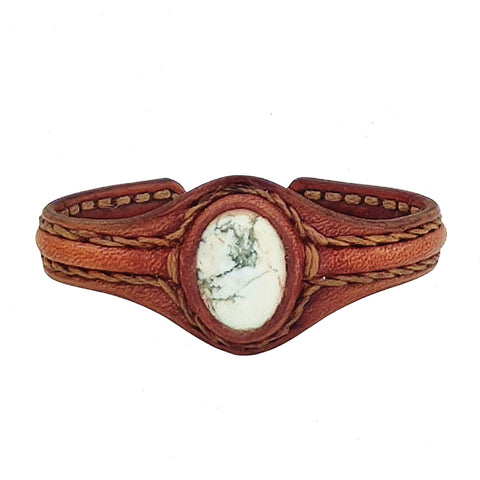Unique Handcrafted Genuine Brown Leather Bracelet with White Agate Stone-Life Style Unisex Gift Fashion Jewelry Bangle-Cuff-Handwrist