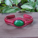 Unique Handcrafted Vegetal Maroon Color Leather Bracelet with Green Agate Stone-Unisex Gift Fashion Jewelry with Naturel Stone Cuff