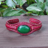 Unique Handcrafted Vegetal Maroon Color Leather Bracelet with Green Agate Stone-Unisex Gift Fashion Jewelry with Naturel Stone Cuff