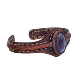 Unique Handcrafted Brown Leather Bracelet with Purple Agate Stone Setting-Life Style Unisex Gift Fashion Jewelry Bangle Cuff Wristband