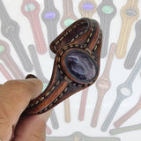Unique Handcrafted Brown Leather Bracelet with Purple Agate Stone Setting-Life Style Unisex Gift Fashion Jewelry Bangle Cuff Wristband