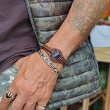 Unique Handcrafted Brown Leather Bracelet with Purple Agate Stone Setting-Life Style Unisex Gift Fashion Jewelry Bangle Cuff Wristband