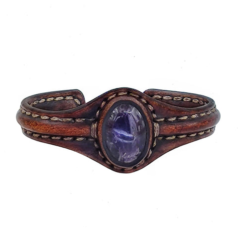 Unique Handcrafted Brown Leather Bracelet with Purple Agate Stone Setting-Life Style Unisex Gift Fashion Jewelry Bangle Cuff Wristband
