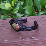 Handcrafted Genuine Black Leather Bracelet with Flower Green Stone Setting-Life Style Unisex Gift Fashion Jewelry Bangle Cuff Wristband