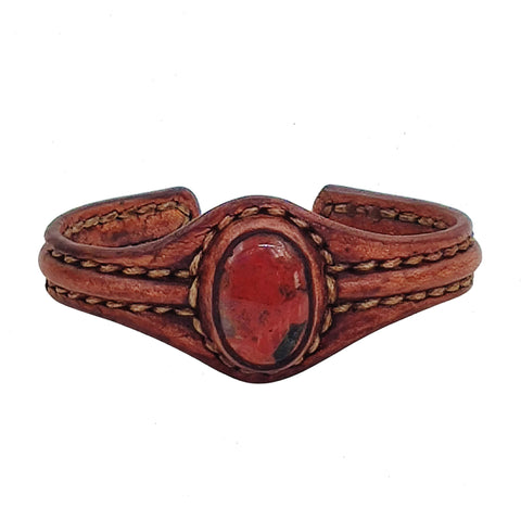 Unique Handcrafted Genuine Vegetal Brown Leather Bracelet with Red Tiger Eye Stone-Unisex Gift Fashion Jewelry Natural Stone Cuff