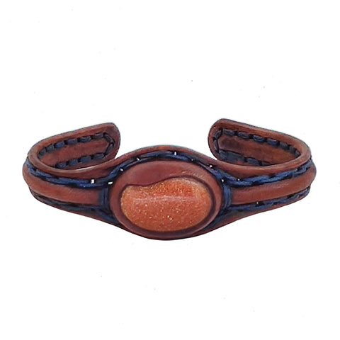 Bohemian Handcrafted Brown Genuine Vegetal Leather Bracelet with Gold Stone Setting-Unique Gift Fashion Jewelry Cuff-Wrist Band