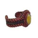 Handcrafted Brown and Black Color Vegetal Leather Braided Bracelet with Yellow Agate Stone Setting-Gift Fashion Jewelry Cuff Wristband