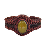 Handcrafted Brown and Black Color Vegetal Leather Braided Bracelet with Yellow Agate Stone Setting-Gift Fashion Jewelry Cuff Wristband