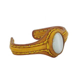 Handcrafted Genuine Yellow Color Leather Bracelet with White Cat Eye Stone-Life Style Unisex Gift Fashion Jewelry Bangle-Cuff-Handwrist