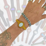 Handcrafted Genuine Yellow Color Leather Bracelet with White Cat Eye Stone-Life Style Unisex Gift Fashion Jewelry Bangle-Cuff-Handwrist