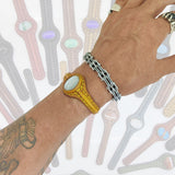 Handcrafted Genuine Yellow Color Leather Bracelet with White Cat Eye Stone-Life Style Unisex Gift Fashion Jewelry Bangle-Cuff-Handwrist