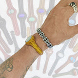 Handcrafted Genuine Yellow Color Leather Bracelet with White Cat Eye Stone-Life Style Unisex Gift Fashion Jewelry Bangle-Cuff-Handwrist