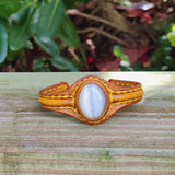 Handcrafted Genuine Yellow Color Leather Bracelet with White Cat Eye Stone-Life Style Unisex Gift Fashion Jewelry Bangle-Cuff-Handwrist
