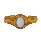 Handcrafted Genuine Yellow Color Leather Bracelet with White Cat Eye Stone-Life Style Unisex Gift Fashion Jewelry Bangle-Cuff-Handwrist