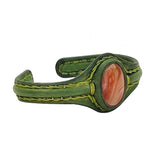 Handcrafted Genuine Vegetal Green Leather Bracelet with Amber Agate Stone Setting-Unisex Gift Fashion Jewelry Wristband