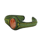 Handcrafted Genuine Vegetal Green Leather Bracelet with Amber Agate Stone Setting-Unisex Gift Fashion Jewelry Wristband