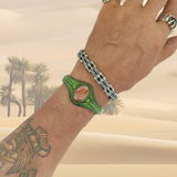 Handcrafted Genuine Vegetal Green Leather Bracelet with Amber Agate Stone Setting-Unisex Gift Fashion Jewelry Wristband