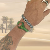 Handcrafted Genuine Vegetal Green Leather Bracelet with Amber Agate Stone Setting-Unisex Gift Fashion Jewelry Wristband