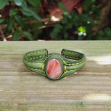 Handcrafted Genuine Vegetal Green Leather Bracelet with Amber Agate Stone Setting-Unisex Gift Fashion Jewelry Wristband