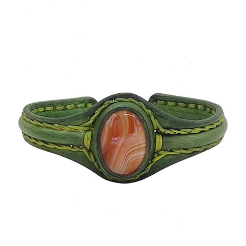 Handcrafted Genuine Vegetal Green Leather Bracelet with Amber Agate Stone Setting-Unisex Gift Fashion Jewelry Wristband