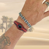 Unique Handcrafted Brown and Black Vegetal Leather Bracelet with Black Agate Stone Setting-Unique Gift Fashion Jewelry Cuff-Wristband