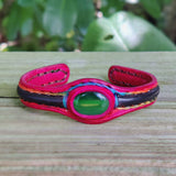 Handcrafted Genuine Fuchsia and Black Vegetal Leather Bracelet with Green Cat's Eye Stone Setting-Lifestyle Gift Fashion Jewelry Cuff Bangle