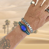 Handcrafted Genuine Green Vegetal Leather Bracelet with Blue Cat's Eye Stone Setting-Unisex Gift Fashion Jewelry Cuff-Adjustable Wristband
