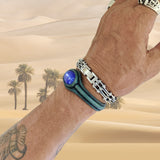 Handcrafted Genuine Green Vegetal Leather Bracelet with Blue Cat's Eye Stone Setting-Unisex Gift Fashion Jewelry Cuff-Adjustable Wristband
