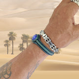 Handcrafted Genuine Green Vegetal Leather Bracelet with Blue Cat's Eye Stone Setting-Unisex Gift Fashion Jewelry Cuff-Adjustable Wristband