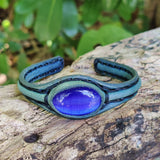 Handcrafted Genuine Green Vegetal Leather Bracelet with Blue Cat's Eye Stone Setting-Unisex Gift Fashion Jewelry Cuff-Adjustable Wristband