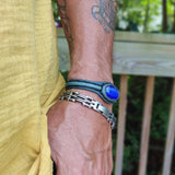 Handcrafted Genuine Green Vegetal Leather Bracelet with Blue Cat's Eye Stone Setting-Unisex Gift Fashion Jewelry Cuff-Adjustable Wristband