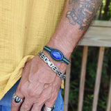 Handcrafted Genuine Green Vegetal Leather Bracelet with Blue Cat's Eye Stone Setting-Unisex Gift Fashion Jewelry Cuff-Adjustable Wristband