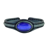 Handcrafted Genuine Green Vegetal Leather Bracelet with Blue Cat's Eye Stone Setting-Unisex Gift Fashion Jewelry Cuff-Adjustable Wristband