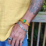 Adjustable Handcrafted Genuine Yellow Vegetal Leather Bracelet with Green Cat's Eye Stone Setting-Lifestyle Gift Fashion Jewelry Cuff Bangle