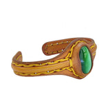 Adjustable Handcrafted Genuine Yellow Vegetal Leather Bracelet with Green Cat's Eye Stone Setting-Lifestyle Gift Fashion Jewelry Cuff Bangle