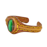 Adjustable Handcrafted Genuine Yellow Vegetal Leather Bracelet with Green Cat's Eye Stone Setting-Lifestyle Gift Fashion Jewelry Cuff Bangle