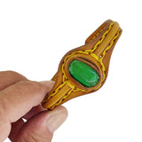 Adjustable Handcrafted Genuine Yellow Vegetal Leather Bracelet with Green Cat's Eye Stone Setting-Lifestyle Gift Fashion Jewelry Cuff Bangle