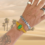 Adjustable Handcrafted Genuine Yellow Vegetal Leather Bracelet with Green Cat's Eye Stone Setting-Lifestyle Gift Fashion Jewelry Cuff Bangle
